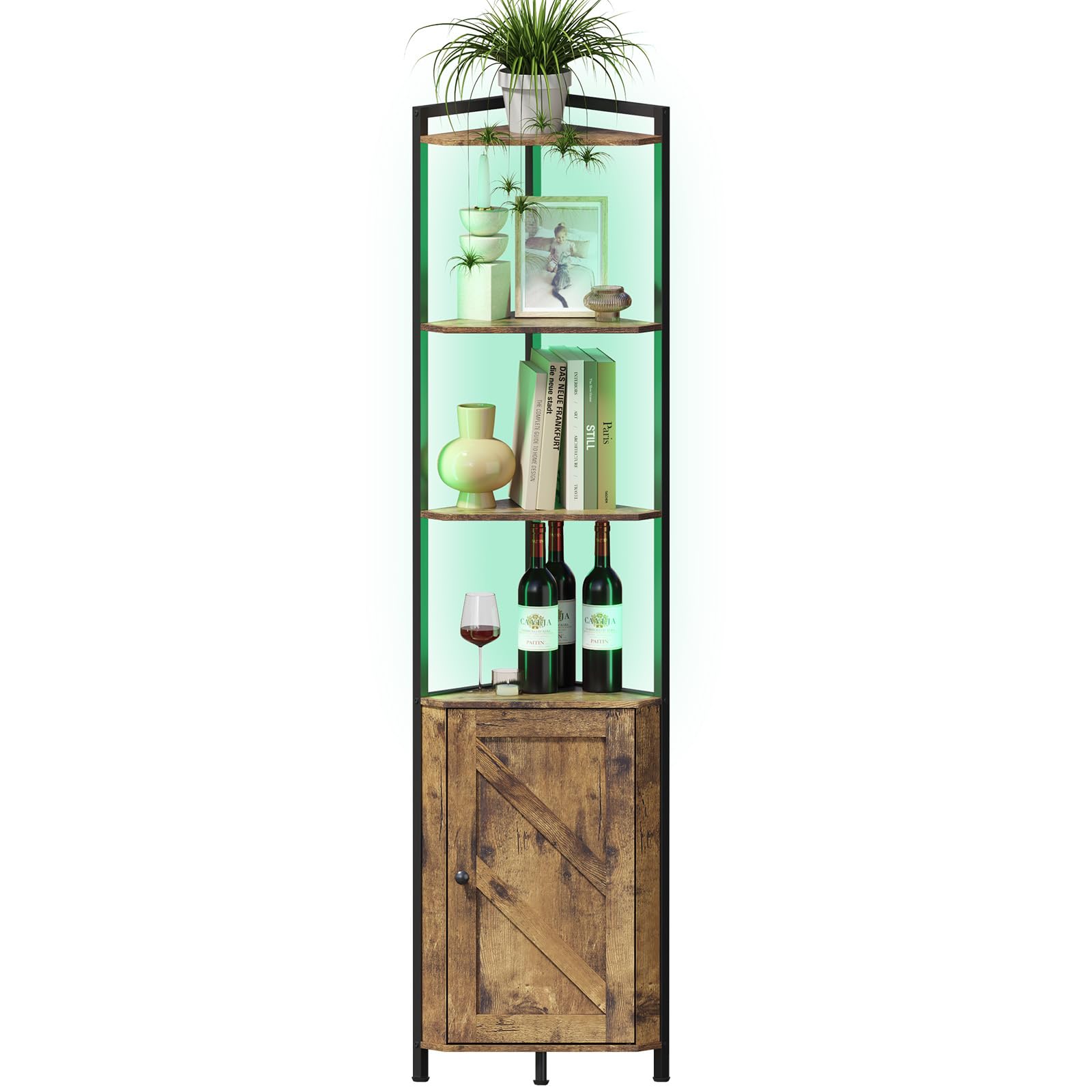 Lifewit Weinschrank Eckschrank 5 Ebenen mit LED Licht, Vintage Barschrank mit verstellbare Einlegeboden, Eckregal mit Stauraum für Bar, Küche, Wohnzimmer, Esszimmer, Rustikales Braun