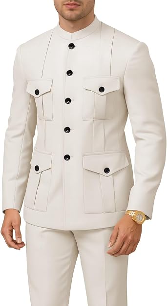 2 Piece Safari Suits for Men Slim Fit Mens Mandarin Collar Single Breasted Suit Multi-Pocket Blazer Pants Set