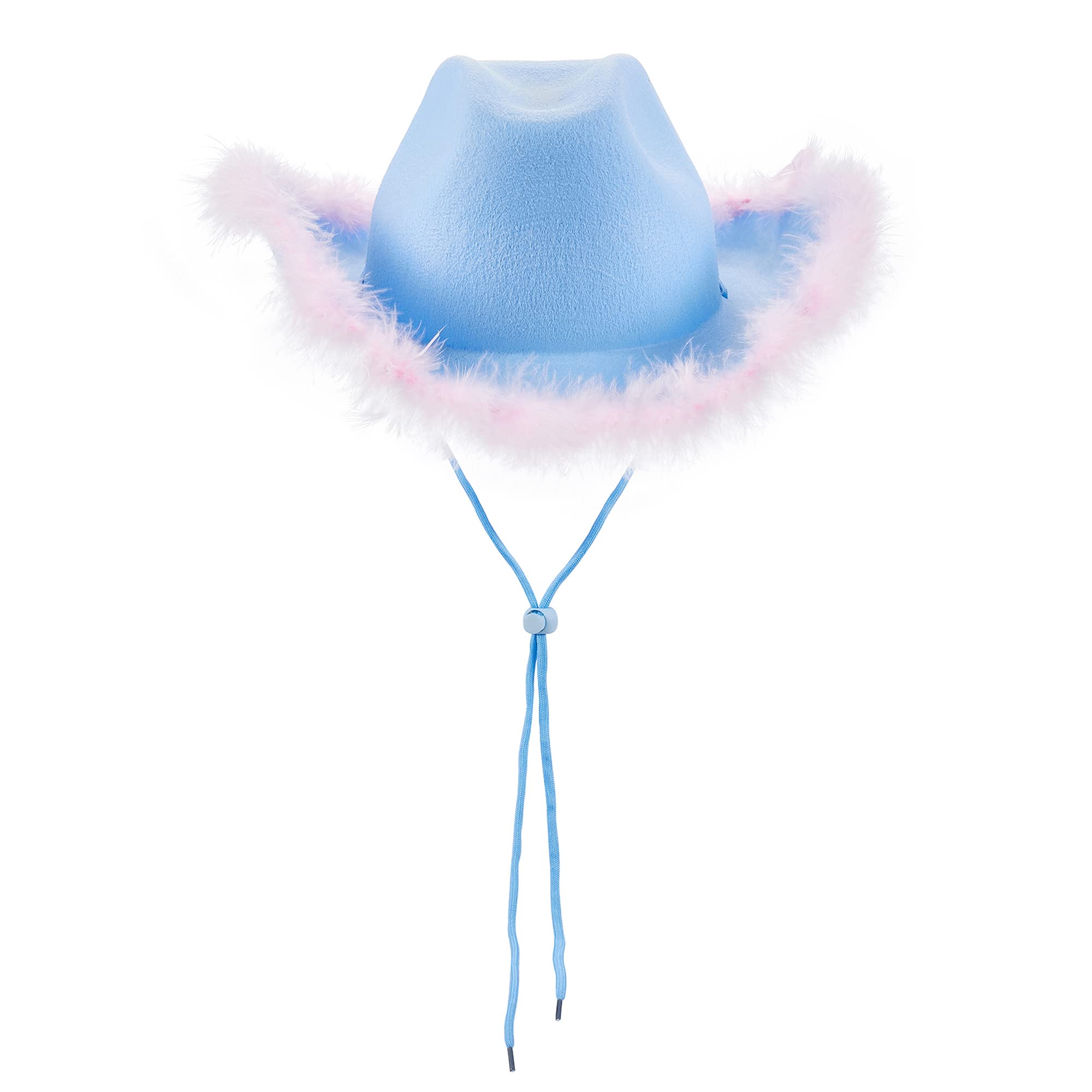SANSIWU Women 's Cowboy Hat Adult Solid Color Fluffy Feather Drawstring Adjust Wide Brim Cowgirl Hat for Cosplay, Costume Party, Hen Party, Fancy Dress Accessory (Blue 2, 32cm*42cm*18cm)