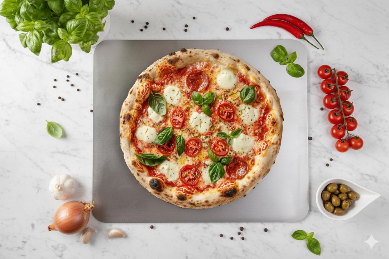 Backstahl für Pizza und Brot 38 x 33 cm / 8 mm Stärke. Premium Pizzastein aus hochwertigem Stahl. Pizzabackstahl für Backofen und Grill. Keine scharfen Kanten
