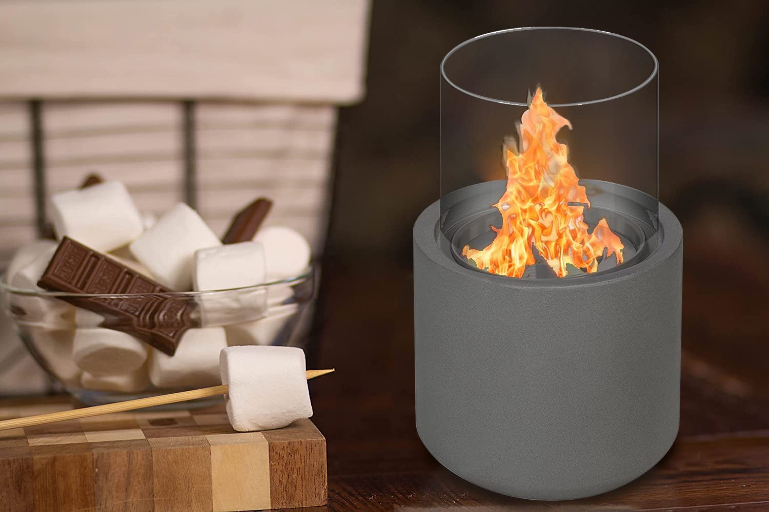 Tabletop Fire Pit Tabletop Ethanol Fireplace with Fire Concrete Material and Windproof Glass Cover for Indoor and Outdoor Porch Patio Party