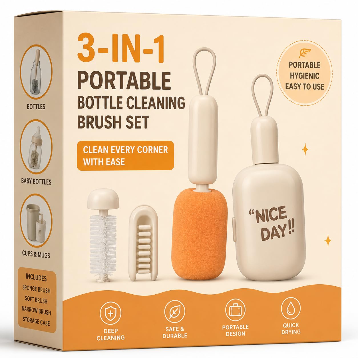 3-in-1 Portable Bottle Cleaning Brush Set with Storage Case | Sponge Bottle Brush, U-Shape Cup Brush & Gap Cleaning Brush for Water Bottles, Cups, Tumblers & Travel Mugs-image-4