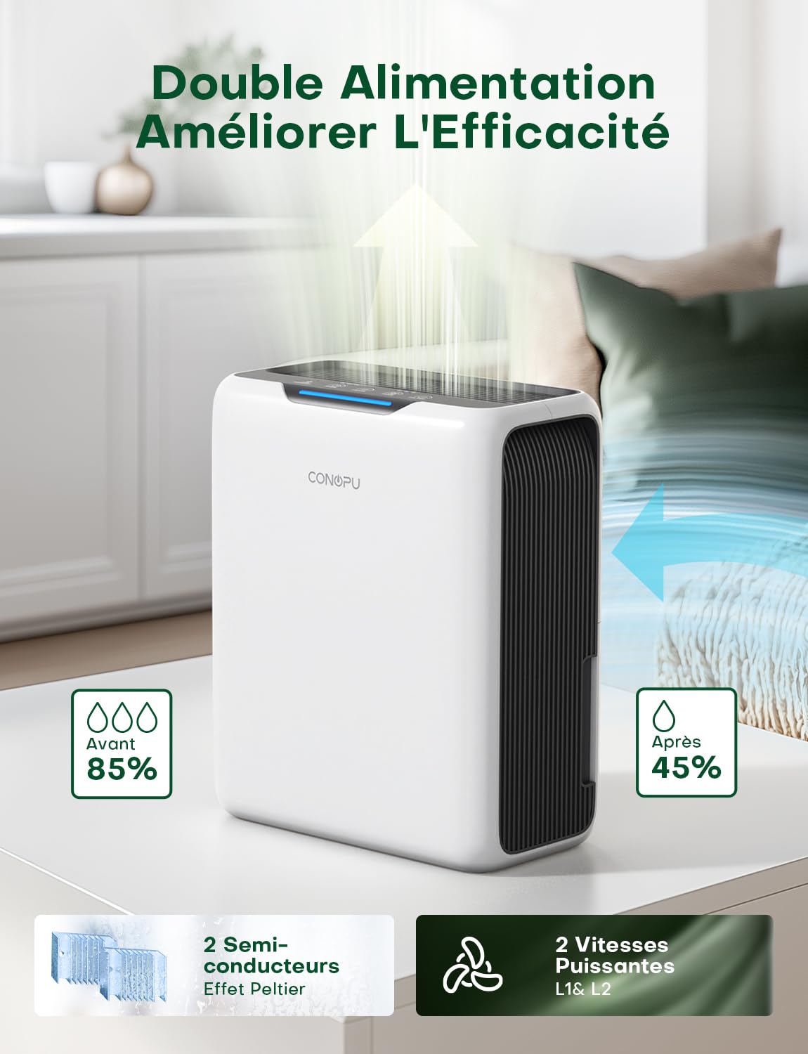Déshumidificateur 3L CONOPU - 1700 Ml/jour, Hygromètre, Timer 24h, Pour Pièce Jusqu'à 30m²