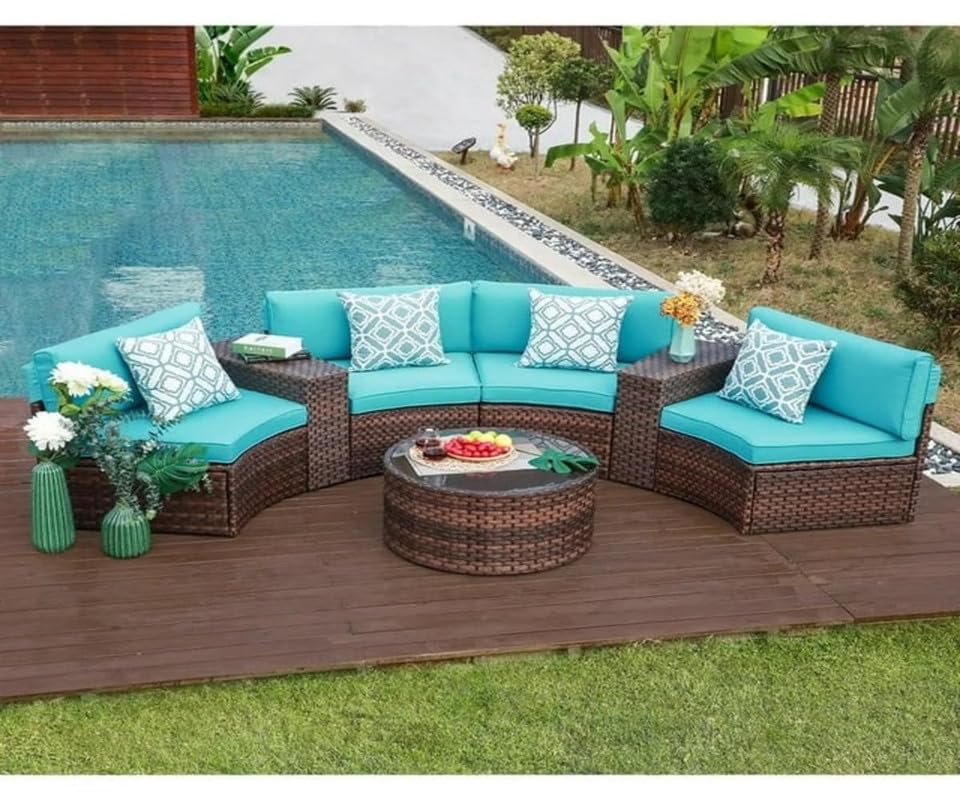 6-Piece Outdoor Patio Furniture Set Rattan Wicker Sectional Sofa Set with Half-Round Table and Tempered Glass Tabletop Half-Moon Sofa with Pillows for Garden,Pool,Backyard (Sky Blue)-image-27