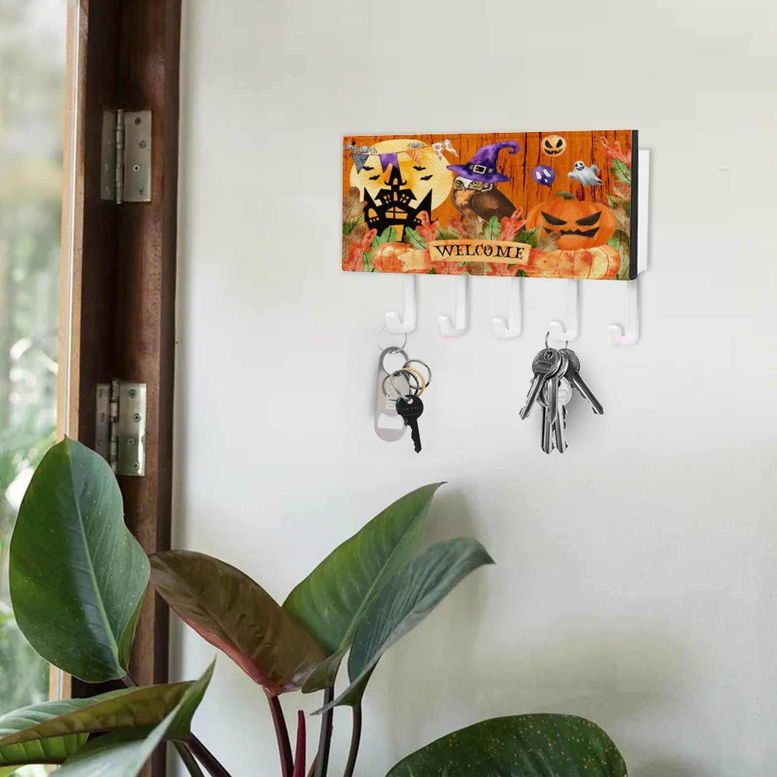 Halloween Welkom Sleutelhouder Pompoen Heks Kat Maan Kerkhof Muurbevestiging Sleutelhaken Houder Vintage Horror Ghost Zelfklevende Sleutel Organizer voor Entryway Hal Kantoor 7x4 inch