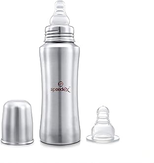 SPEEDEX Stainless Steel Infant Baby Feeding Bottle, BPA Free, Anti-Colic, Plastic-Free, Medium-Flow Nipple (240 ML)
