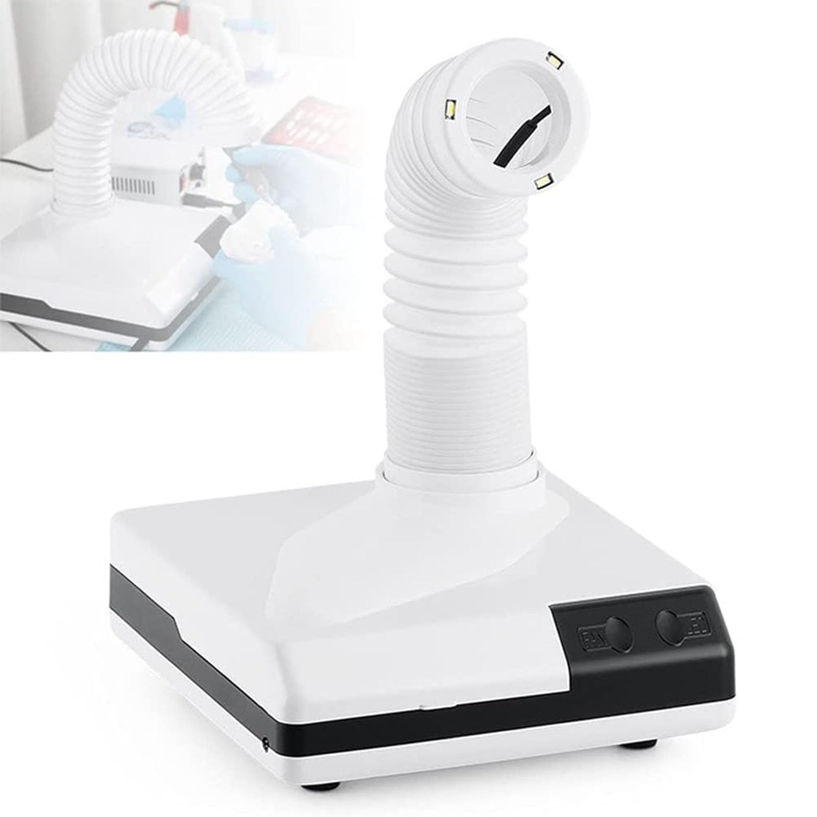 Aspiradora dental de mesa con codo retráctil telescópico para una recogida eficiente del polvo en laboratorios
