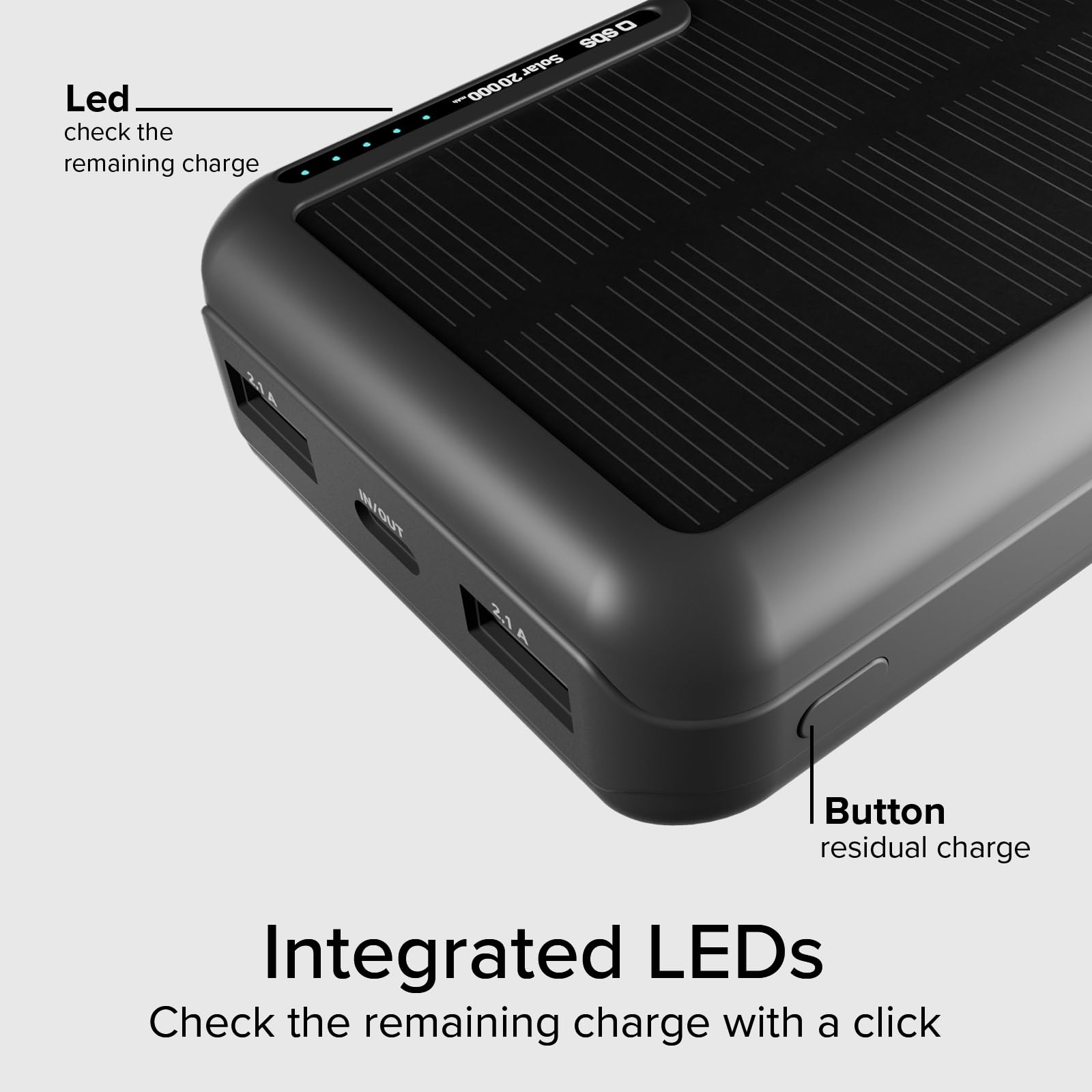 SBS Solar PowerBank, 20.000mAh, Power Bank con Pannello Solare, Ricarica Rapida, Intelligent Charge (IC), LED di Carica, USB-C, USB-A, Caricabatterie Portatile da Viaggio, Design Compatto, Nero