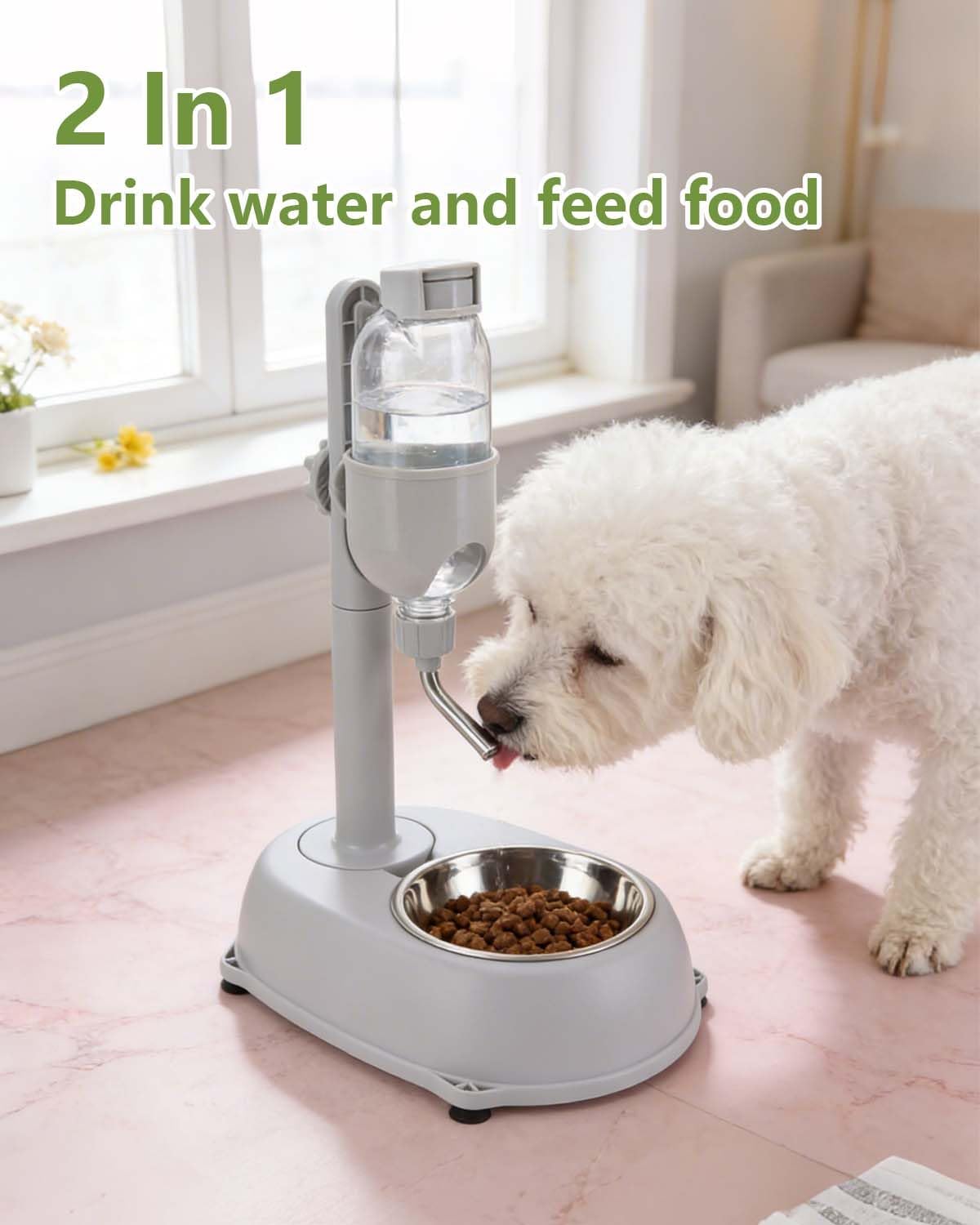 2 in 1 Large Dog Water Bowl Dispenser, 16.91oz PP and ABS Automatic Dog Water Dispenser, Adjustable Pet Standing Water Dispenser Bowl for Cats, Small to Medium Sized Dogs, 11 x 7.7 x 15.4in