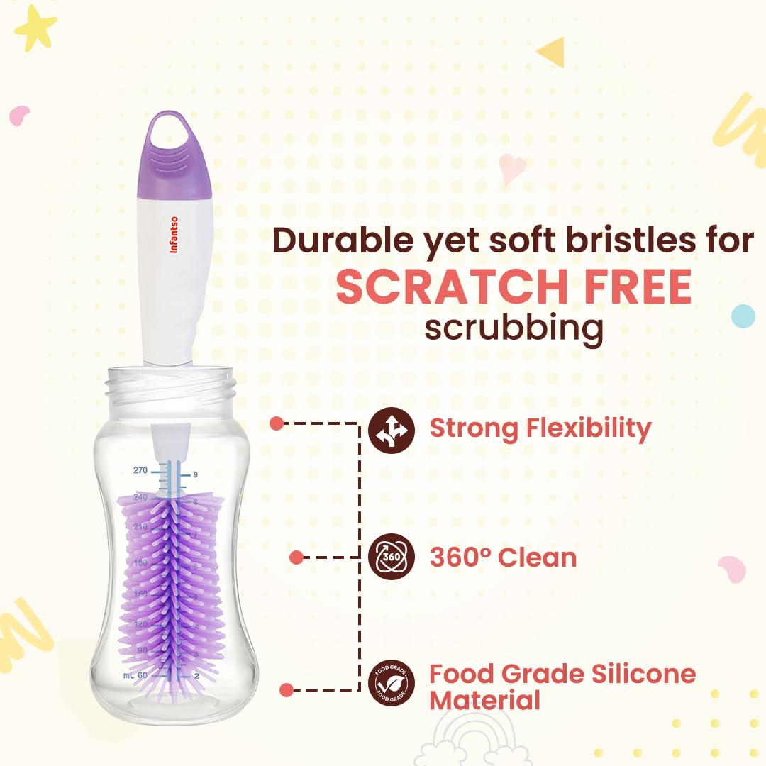 U-Grow Baby Feeding Bottle Cleaning Brush & Nipple Cleaner of Soft Silicone Bristle, 360° Movable, Easy & Scratch Free Cleaning for Narrow Neck & Wide Neck Feeding Bottles 2