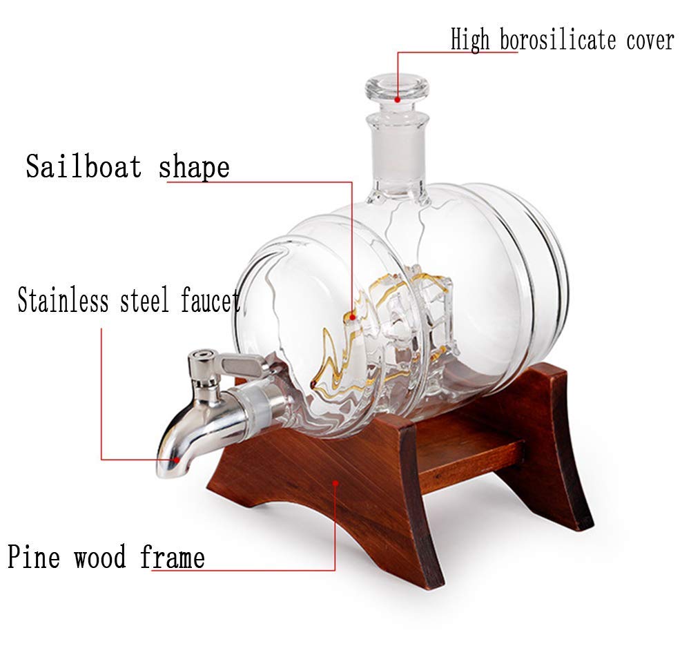 zaizai Carafe À Whisky en Baril avec Bateau, Support en Bois avec Robinet Bouteille en Verre en Forme De Tonneau De Vin, Distributeur d'alcool 1000 ML