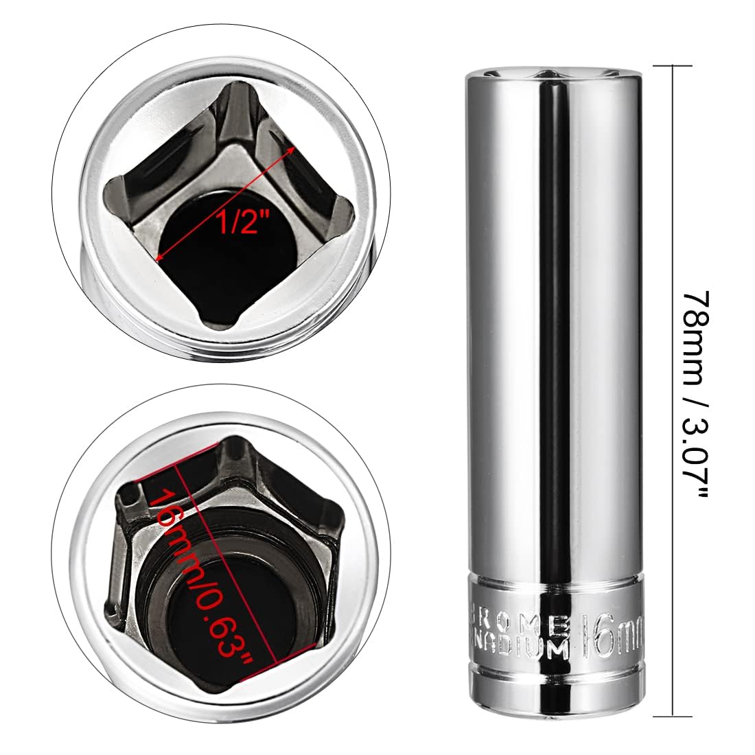 TA-VIGOR 1/2 Inch Drive 16mm 6-Point Deep Socket, Metric, Cr-V Drive Socket (Polishing) for Auto Repairing and Household - Image 2