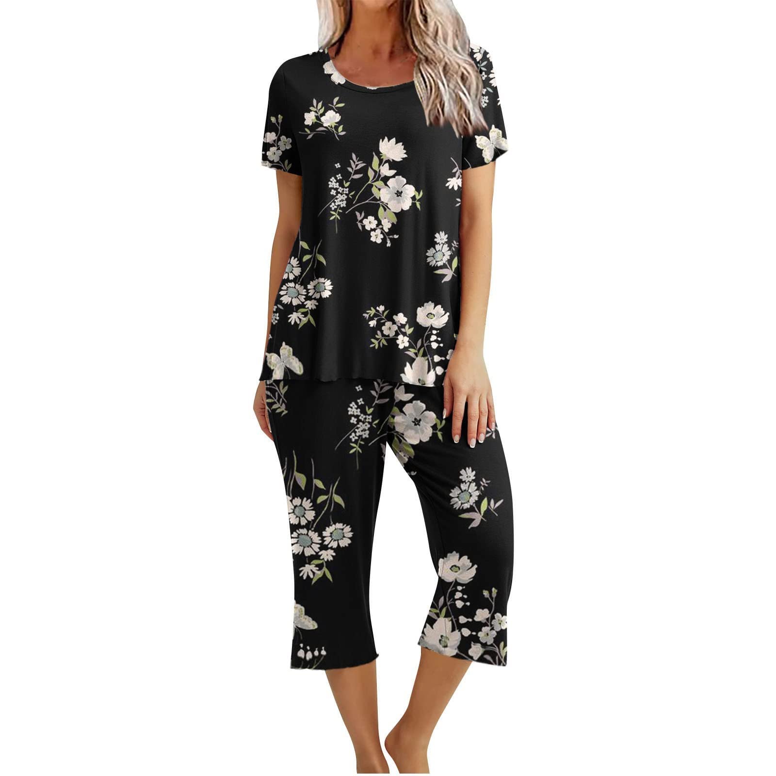 Pyjama élégant pour femme - Imprimé floral - Pyjama 2 pièces | Ensemble de pyjama avec poches - Manches courtes - Col rond et taille élastique - Pantalon de pyjama 7/8