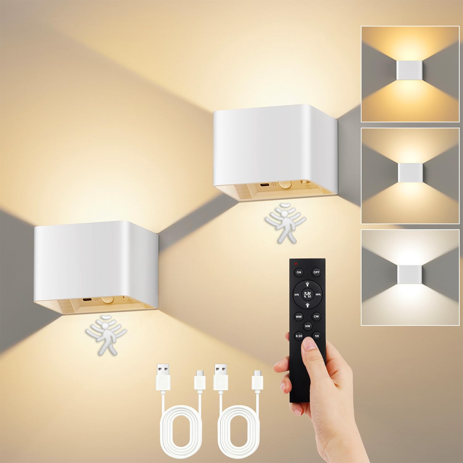 VIWAVE 2 Stück Akku Wandleuchte Innen mit Bewegungsmelder & Fernbedienung,3 Farben LED Wandleuchte Ohne Stromanschluss,Kabellose Wandlampe Innen Batterie mit Schalter,Wandlampe Akku Weiß Dimmbar