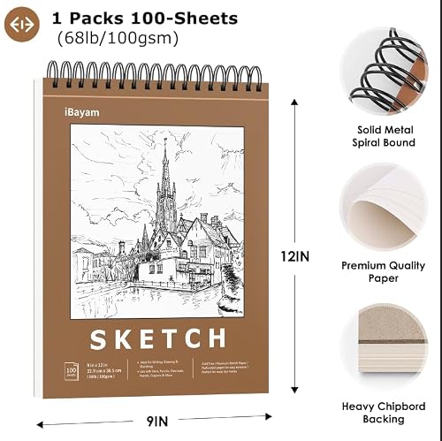 iBayam 9\" x 12\" Premium Sketch Book Set, 1-Pack Spiral Bound Drawing Paper, 100 Sheets (68lb/100gsm) Sketchbook, Acid-Free Art Drawing Painting Sketching Pad Supplies for Kids, Teens, Adults, Artists