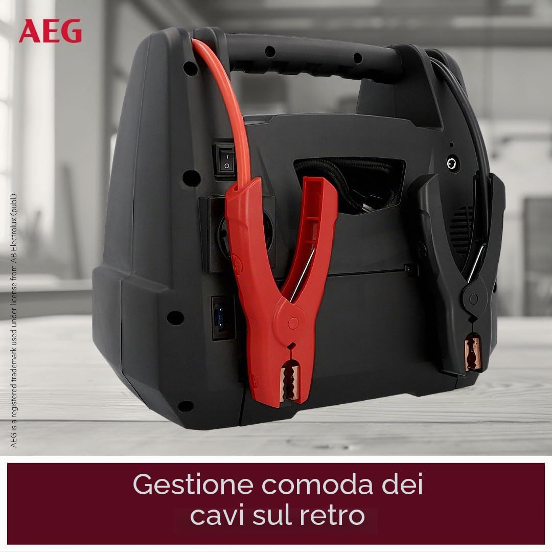 AEG - Stazione di avviamento portatile da 12 V, con compressore d'aria, trasformatore di tensione da 220 V, presa con 4 USB