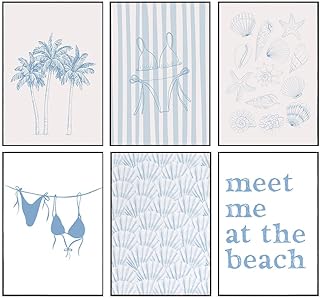 Blue Coastal Beach Wall Art Poster Summer Surf Gallery Canvas Wall, Coastal Cowgirl Aesthetic Room Decor Surf Up Prints, B...