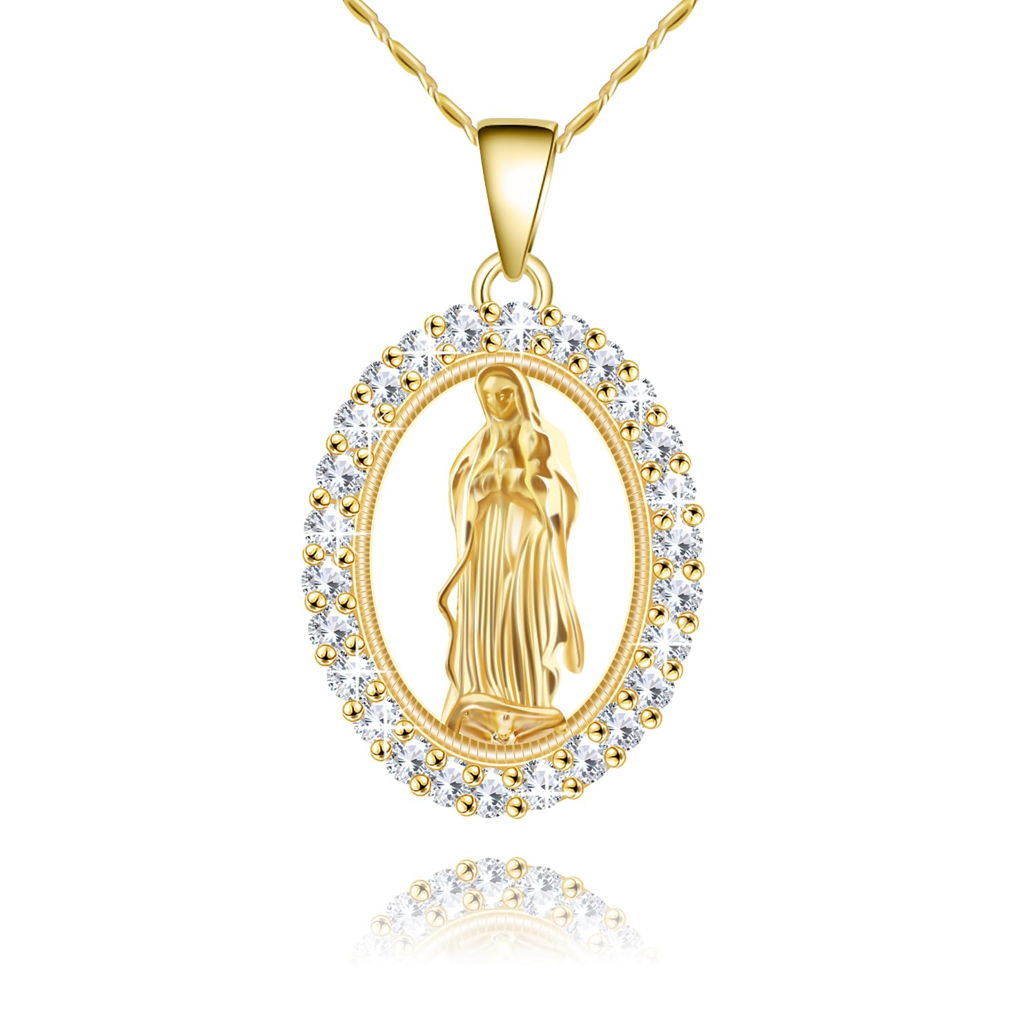 AMMAX 14K Gold PlateCatholic Gift Virgin Mary Necklace for Women,Faith-Inspired Christian Catholic Saint Necklaces Cubic Zirconia Virgen de Guadalupe