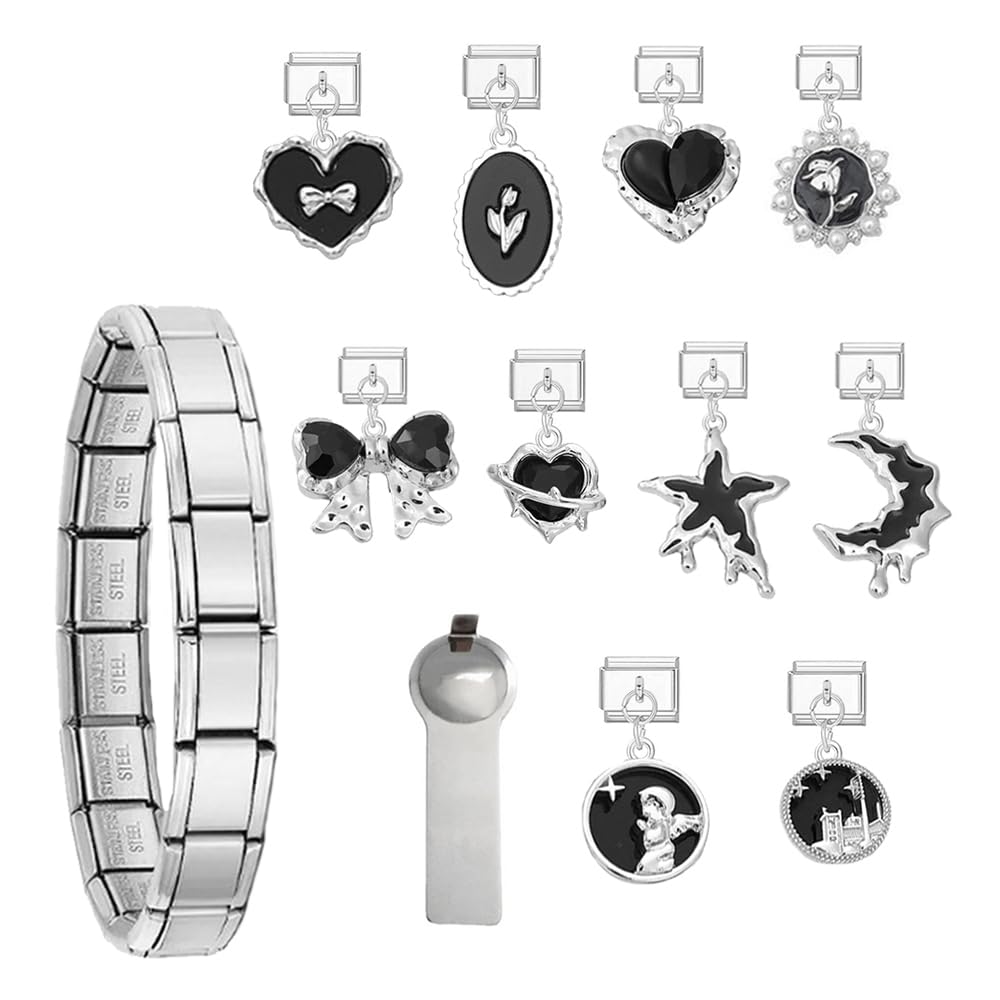 Silver Italian Charm Bracelet Set For Women Diy Handmade With Starter Brascelet, Assorted Charms And Opening Tools, 9mm Modular Italian Charm Bracelet Jewelry