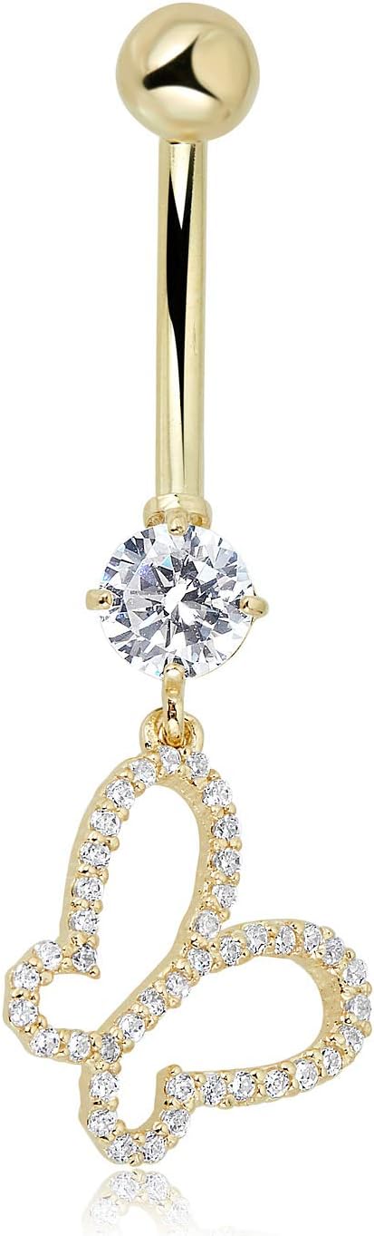 AVORA 10K Gold Simulated Diamond CZ Dangling Open Butterfly Belly Button Ring Body Jewelry (14 Gauge)