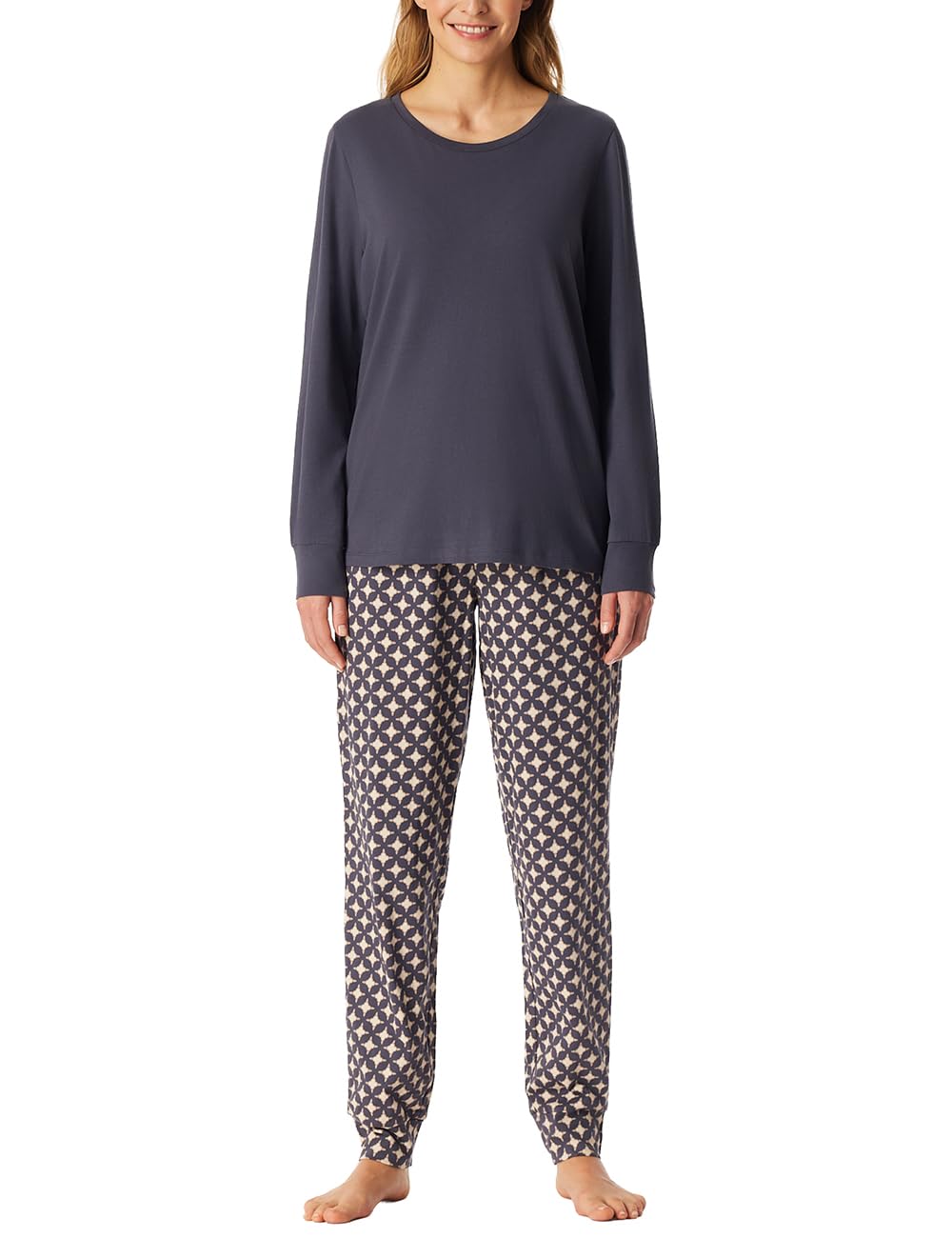Schiesser Women's Long Pyjamas with Cuffs Cotton Nightwear Pyjama Set, Graphite_181987, 10