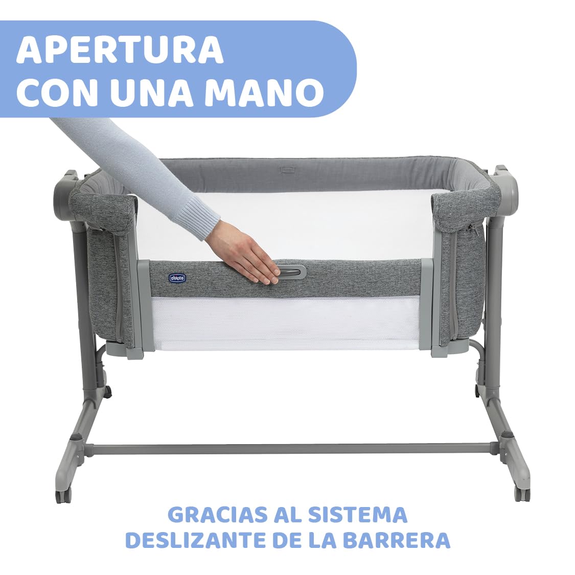Chicco Next2Me Magic EVO Cuna Bebé Lado de la Cama, con Modo Mecedora, Inclinable, Barandilla Abatible, Altura Ajustable, 4 Ruedas, Colchón y Bolsa de Viaje Incluidos, Gris Oscuro