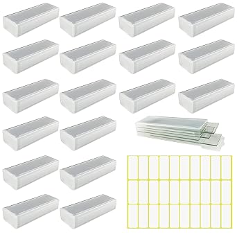 19Pcs Rectangle Microscope Slides Holder Plastic Microscope Glass Holder Slide Box with 30Pcs Self-Adhesive Sticker for 5 Slides for Pathological Storage Laboratory Use