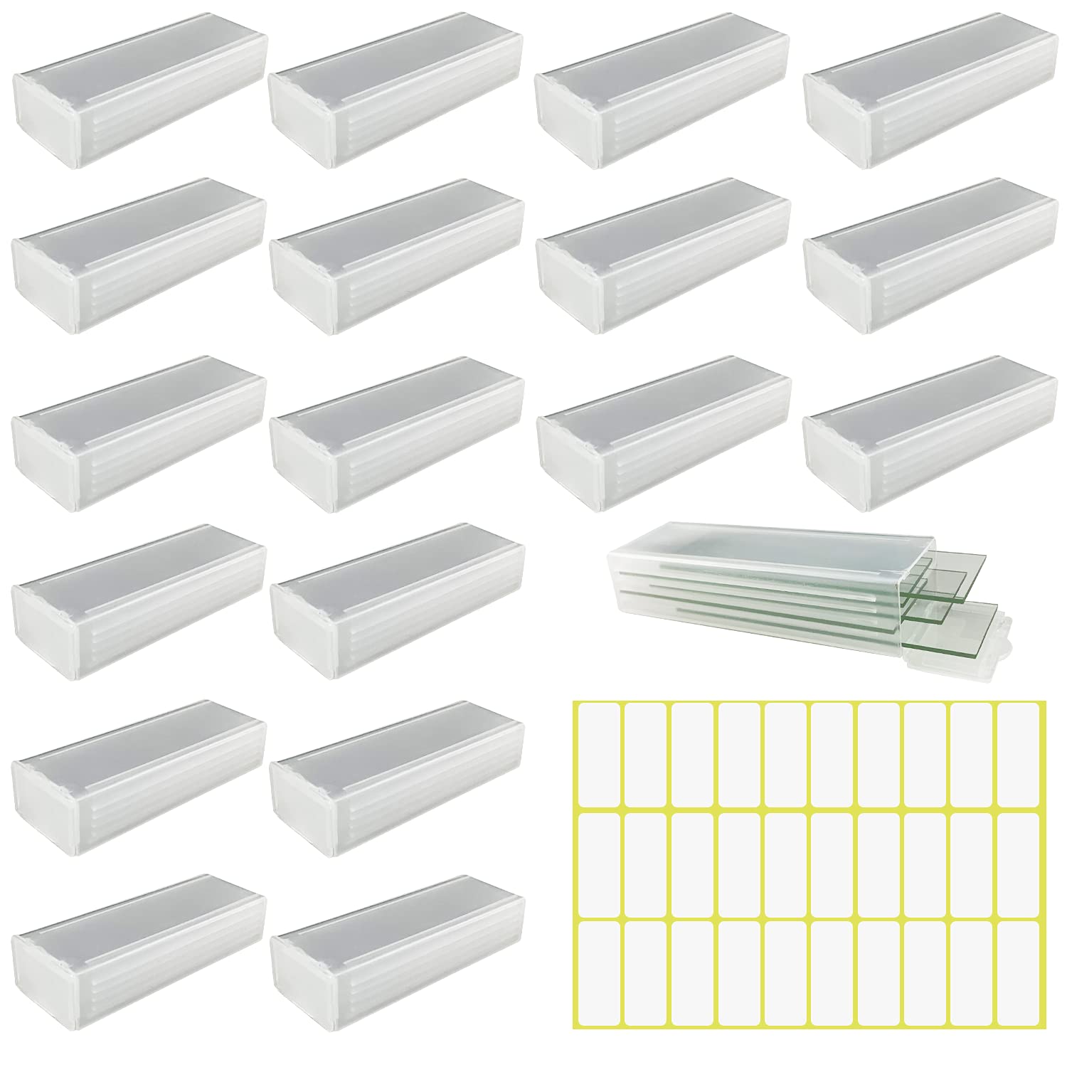 19Pcs Plastic Rectangle Microscope Glass Holder Slide Box Microscope Slide Box For 5 Slides Laboratory Supplies with a Self-Adhesive Sticker(30pcs）