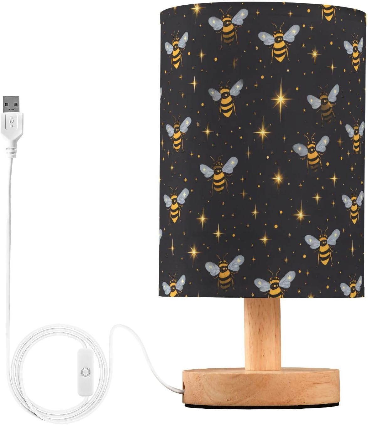 Table Lamp Yellow Glitter Star Bee Bedside Nightstand Lamps Decorative Fabric Shade Light with Wood Base for Bedroom, Living Room, Office