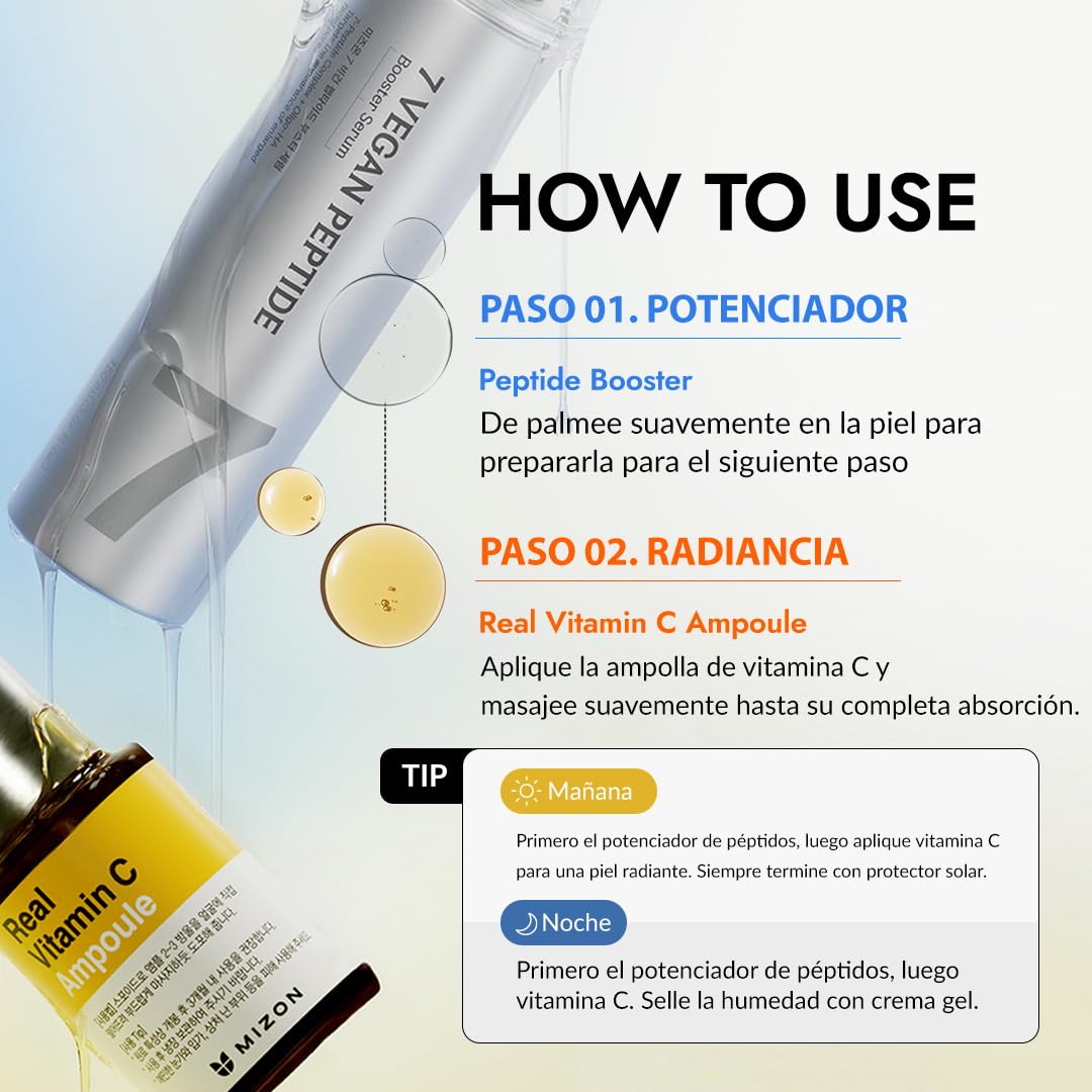 [MIZON] CLEAR'N'BOOST VITAMIN C SYNERGY SET - Vegan Peptide Booster Serum 150 ml + Real Vitamin C Ampoule 30 ml, rutina coreana de cuidado facial para glow, tono uniforme, poros y líneas finas