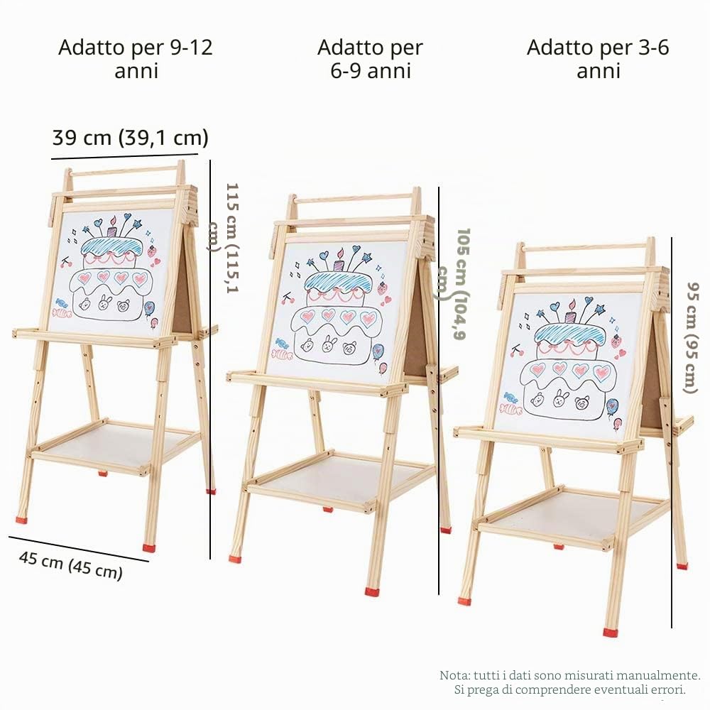 3 in 1 Lavagna per Bambini con Rotolo di Carta, Lavagnas Doppia Faccia Cavalletto Artistico in Legno Cavalletto Pittura in Regolabile Altezza Lavagna Multiattività con Lettere Numeri e Altri accessori
