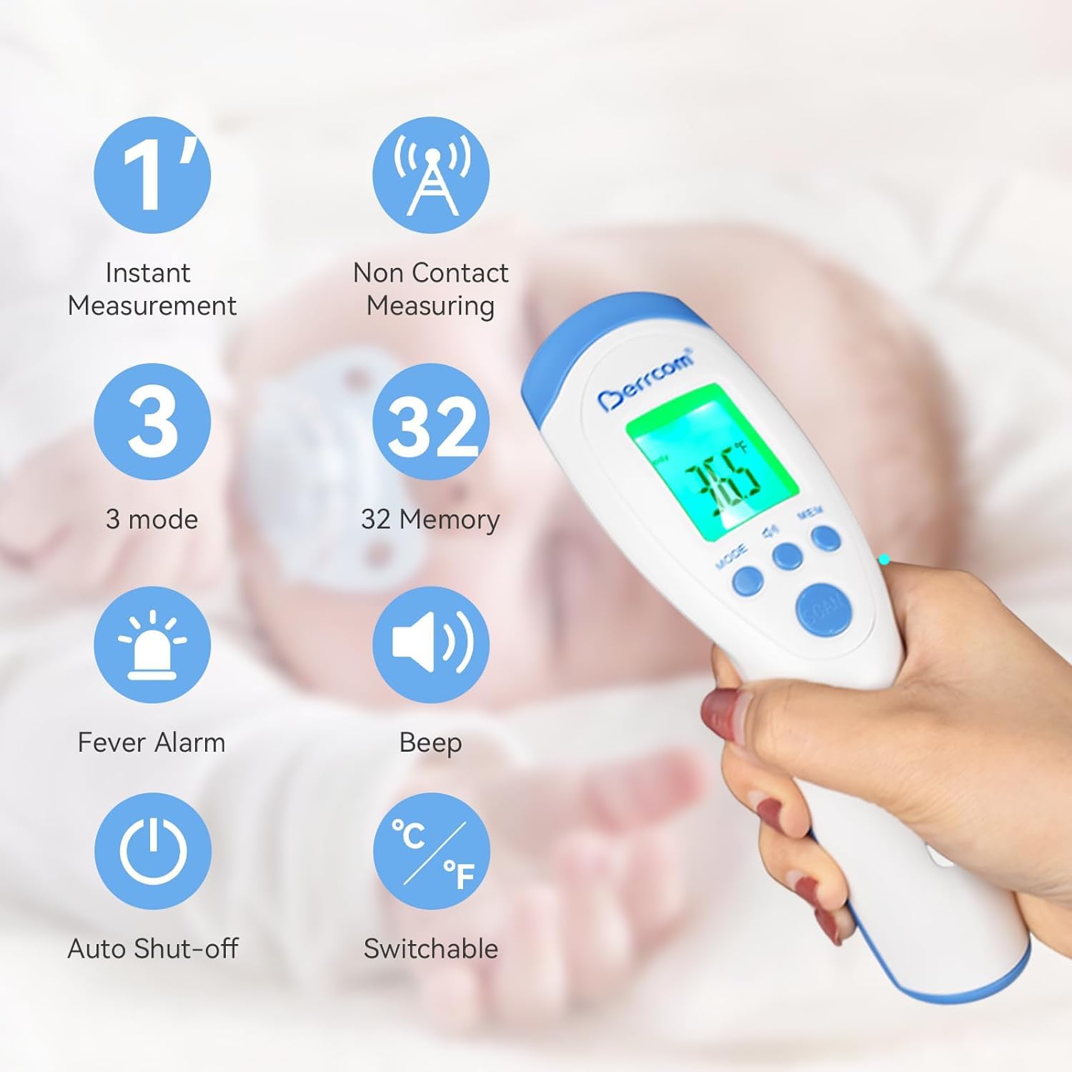 Berrcom Thermomètre infrarouge numérique frontal sans contact Thermomètre avec lecture instantanée Alarme de fièvre 3 couleurs Interrupteur °C/°F