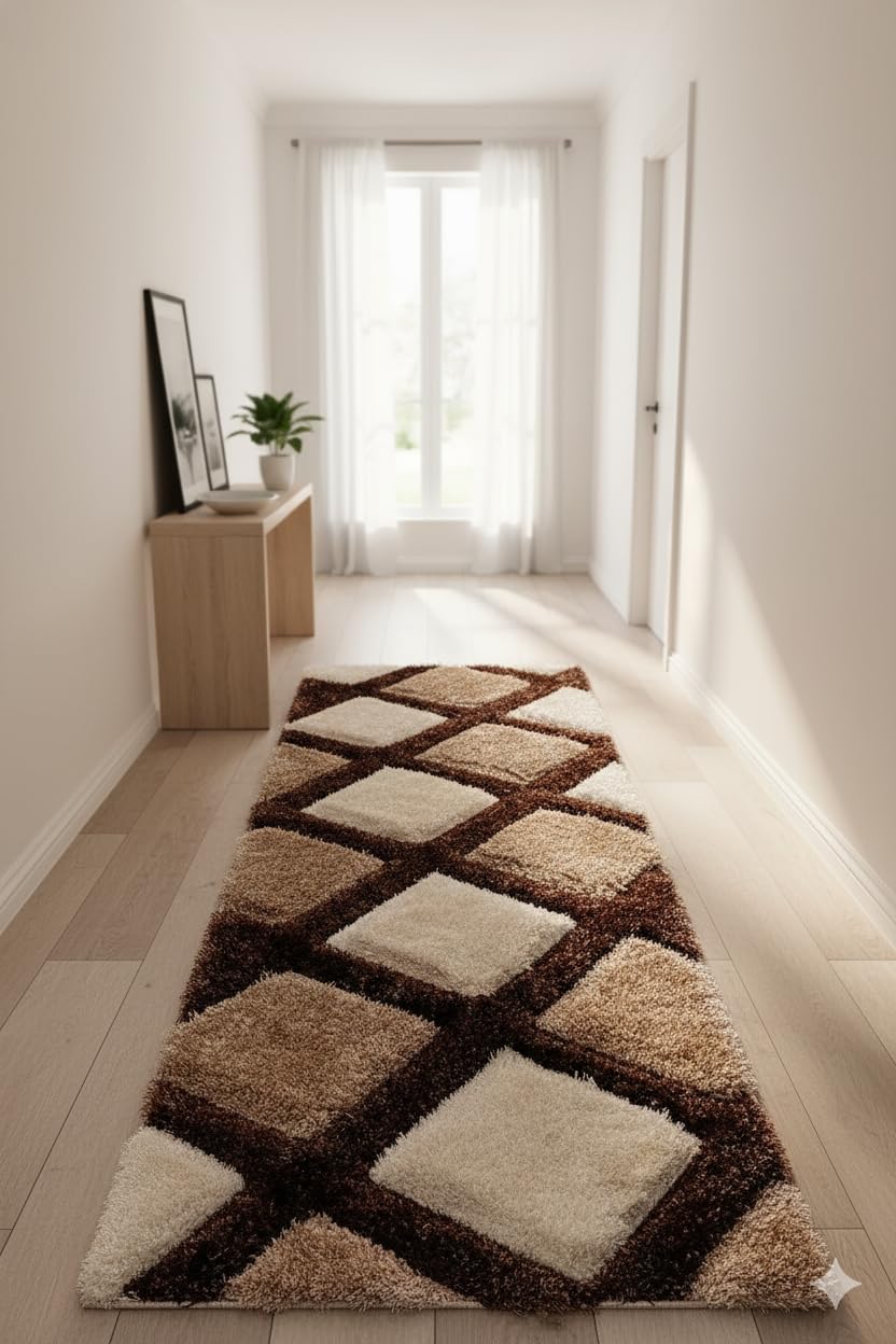 Premium Soft Shaggy Runner Rug Feet for Hallway, Bedroom & Living Room Kitchen | Modern Geometric Pattern Carpet | Fluffy Bedside Floor Mat | Non-Slip Long Runner for Home Décor-image-24