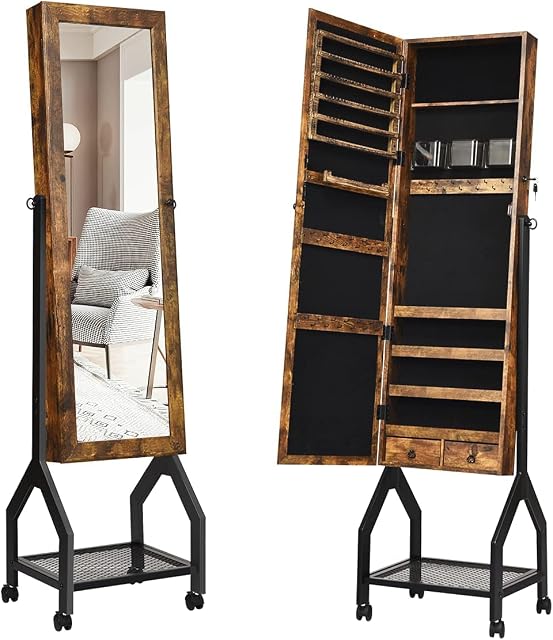 CASART Mirrored Jewelry Cabinet, Lockable Jewelry Armoire with Storage Racks & 4 Casters, Jewelry Makeup Organizer for Earrings, Necklace, Cosmetics