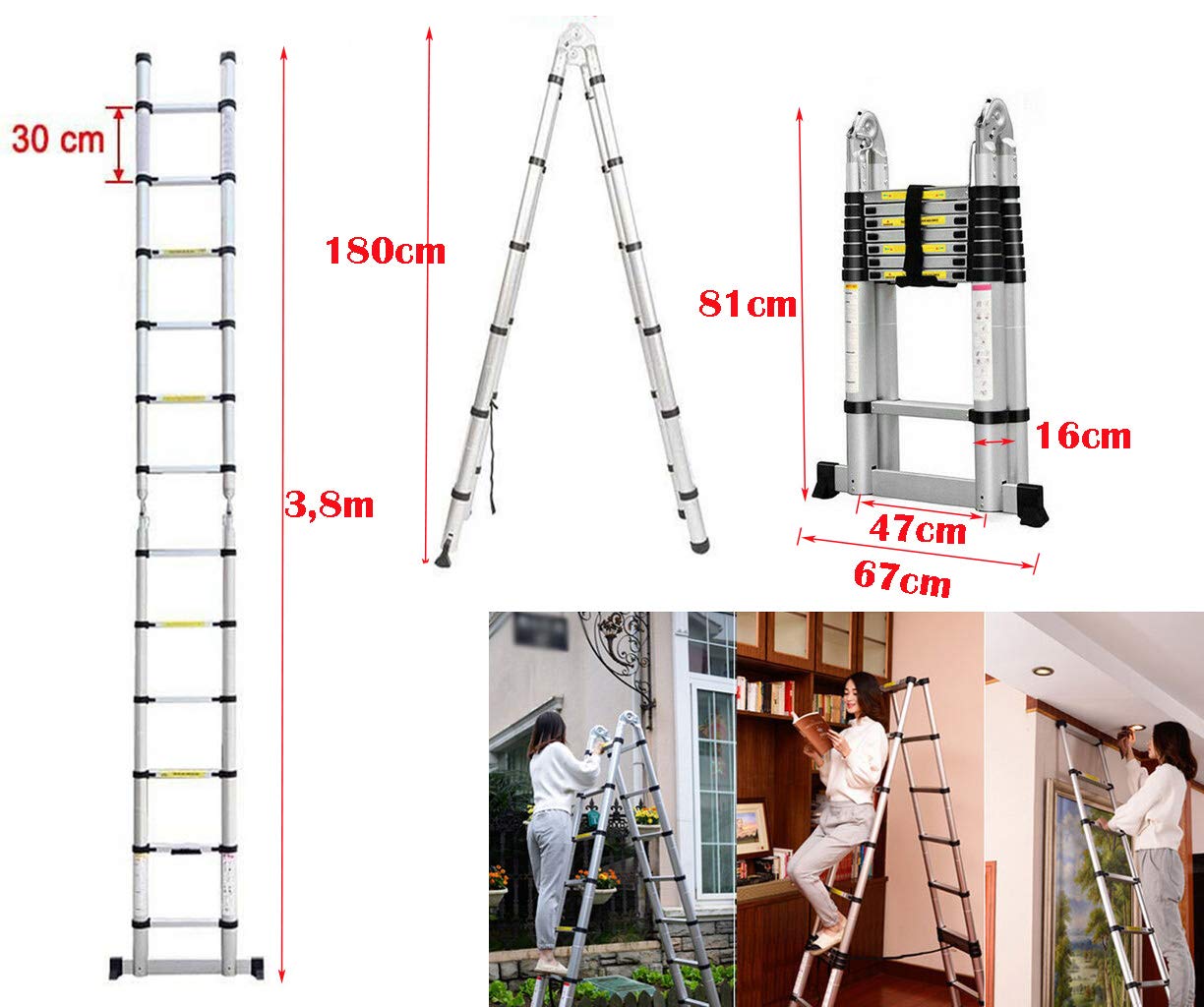 Échelle télescopique 3,8 m - en Aluminium - Échelle coulissante et Cadre A - avec Barre de Support antidérapante - Échelle Pliante antidérapante - Charge maximale : 150 kg (3,8 m/1,9 m+1,9 m)