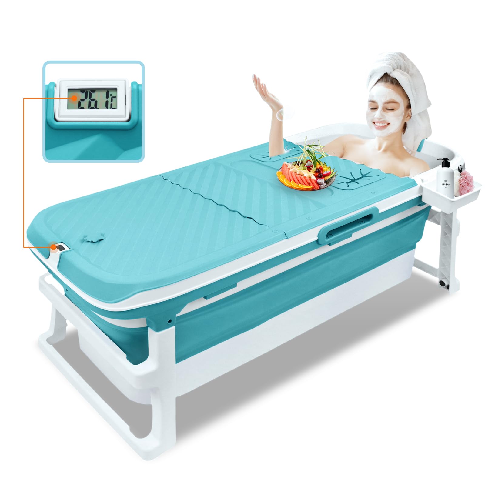 Baignoire Pliable pour Adulte - 132 x 64 x 54 cm - Mobile Avec Couvercle - Panier à Savon Portable - Roulettes de Massage - Idéal pour Petites Salles de Bains