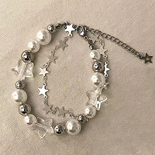 Vintage Punk Y2k Star Pearl Double Layer Beaded Chain Lightweight Bracelet Aesthetic Accessories Grunge Cool Couple Friendship Jewelry for Women3