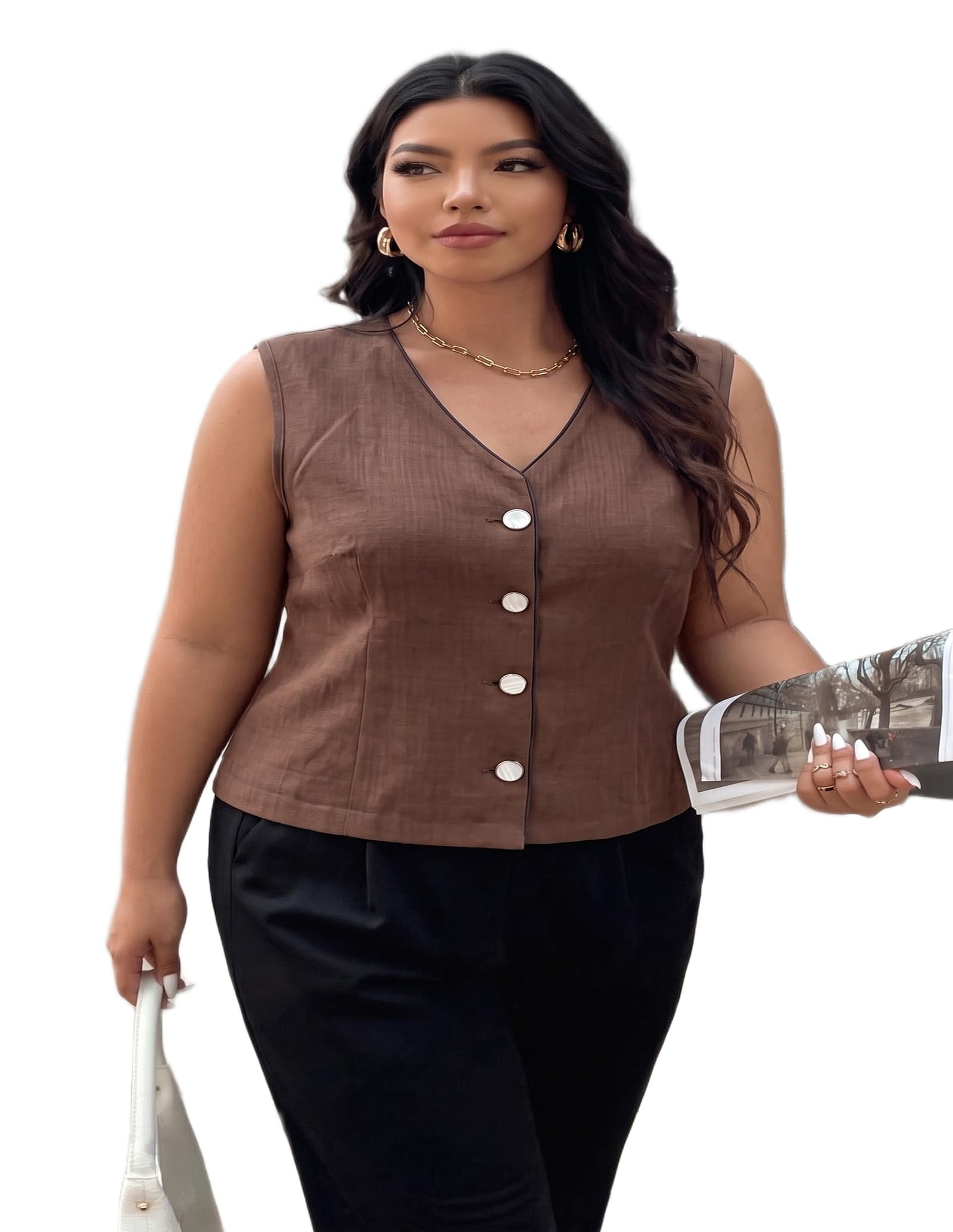 Women's Formal Casual Brown Vest, Sleeveless Button-Down Tailored Top-image-18