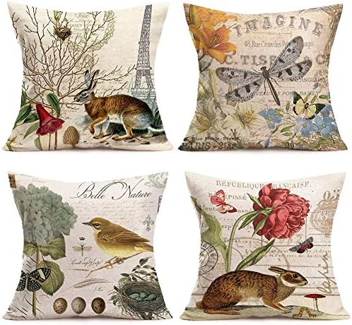 Hopyeer 4Pack Rustic Vintage Animals Throw Pillow Covers Cotton Linen Decorative Cute Rabbits Dragonflies Robin Birds Butterfly Classical Pairs Garden Flowers Pillow Cushion Cover 18"x18"(VA-Animals)