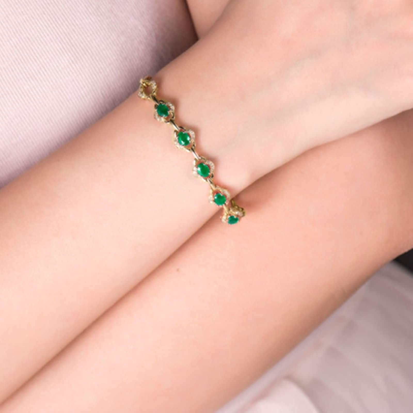 Pulsera de Mujer Oro Amarillo 9 K / 14 K / 18 K, Flor y Oval con Esmeralda de 1,95 ct y Diamante de 0,23 ct, Cadena Extensible 16 CM + 5 CM, Pulsera de Oro Verde para Mujer Ajustable