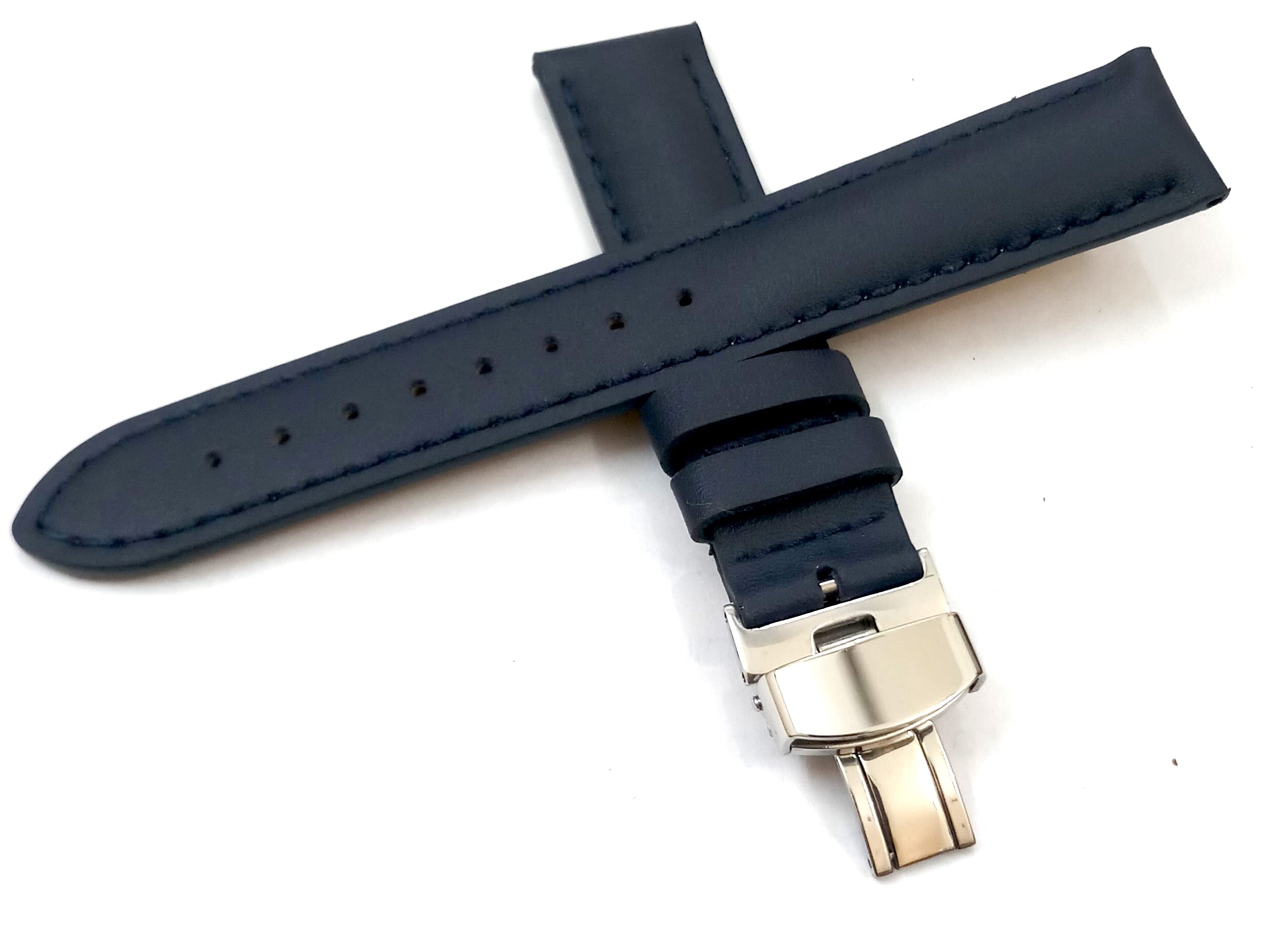 Ewatchaccessories 21mm Genuine Leather Dark Blue With Blue Stich Watch Band Strap for Men and Women | Comfortable and Durable Material | Deployment Silver Buckle (B09YRVKRBT) Amazon Price History, Amazon Price Tracker