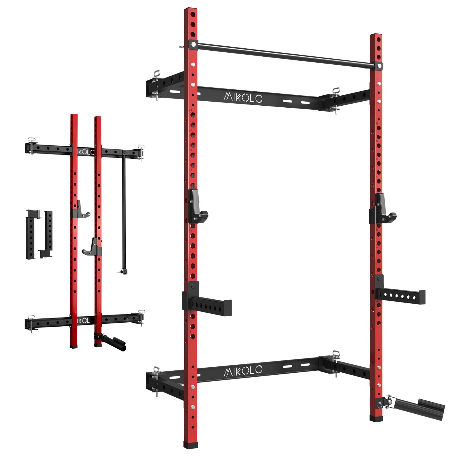 Mikolo 2" x 2" Folding Wall Mounted Squat Rack, 1000 Pounds Capacity Power Rack with Pull Up Bar, J Hooks and Other Attachments, Space-Saving Home Gym