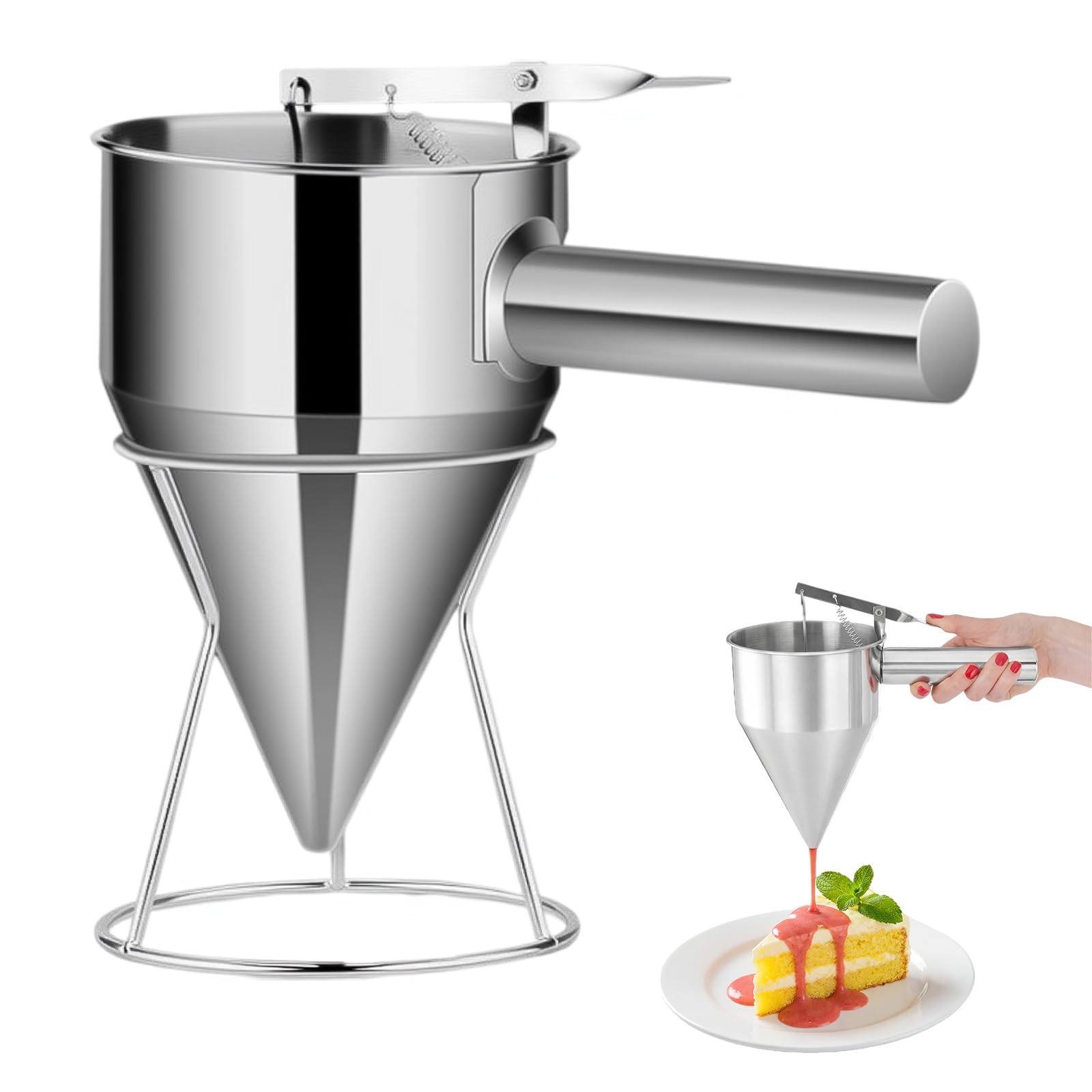 1.2L Stainless Steel Pancake Batter Dispenser for Baking with Handle & Rack, Kitchen Piston Funnel for Wax, Candle, Batter Pourer for Cupcake, Whipped Cream, Waffle Mix, Cake,Mortar,Sauce(40oz)