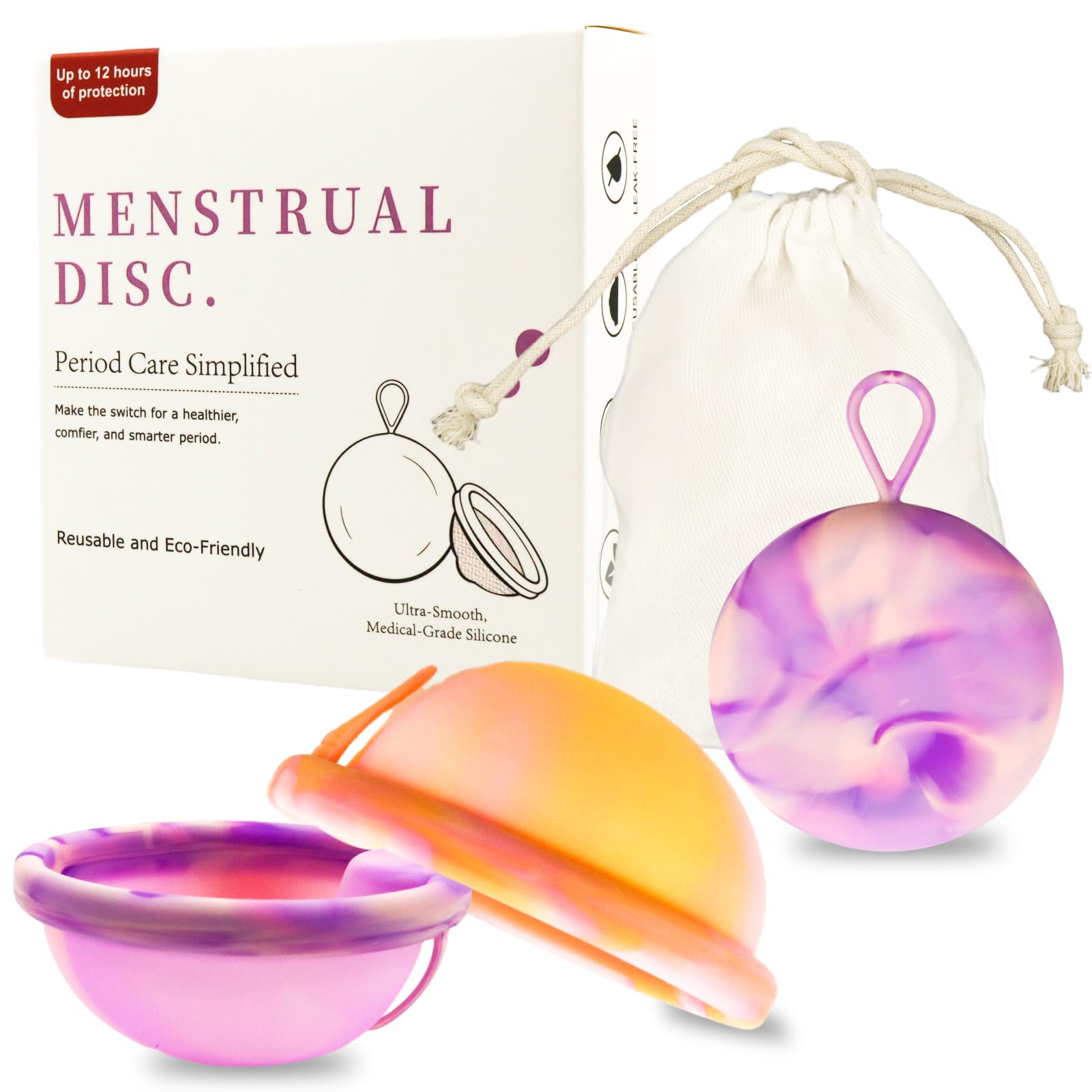 Disco Mestruale Set,con 1 Disco Mestruale M+1 Disco Mestruale L,silicone Disco,Sacchetto di stoccaggio,Manuale d'uso,per un periodo leggero e forte,Sicuro per sport,nuoto