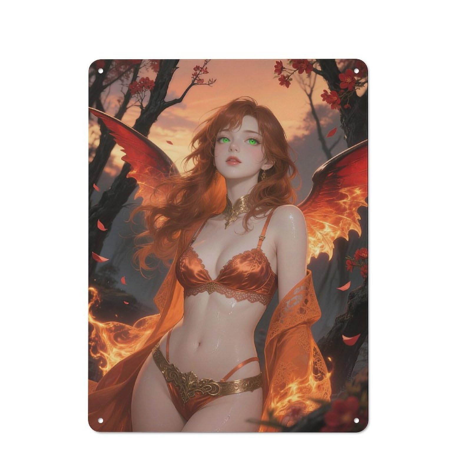 Modern Retro Metal Wall Art Sign 40x30cm Featuring Captivating Auburn Seraph in An Enchanted Forest, Urban Room Decor for Workspace, Cafe, Hallway Or Garage