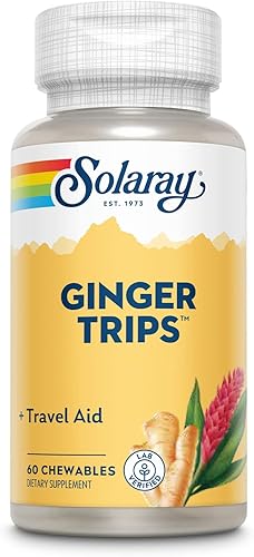 SOLARAY Ginger Trips Travel Aid Extracto de raíz Apoyo digestivo saludable con miel, stevia y melaza 60 masticables