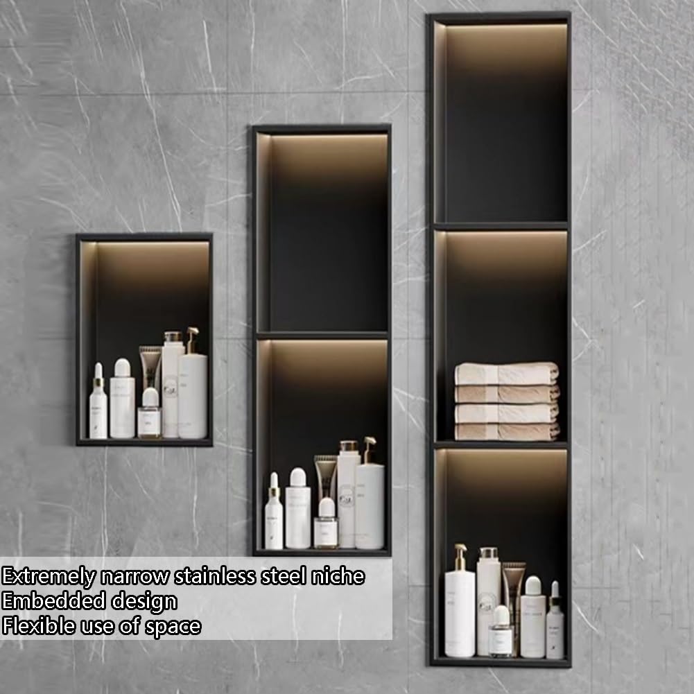 Pujindu Modern, Minimalist Black Stainless Steel Shower Niche With LED Light, Embedded Shower Niche, No Tile Needed For Bathroom (70x28x12.5cm)