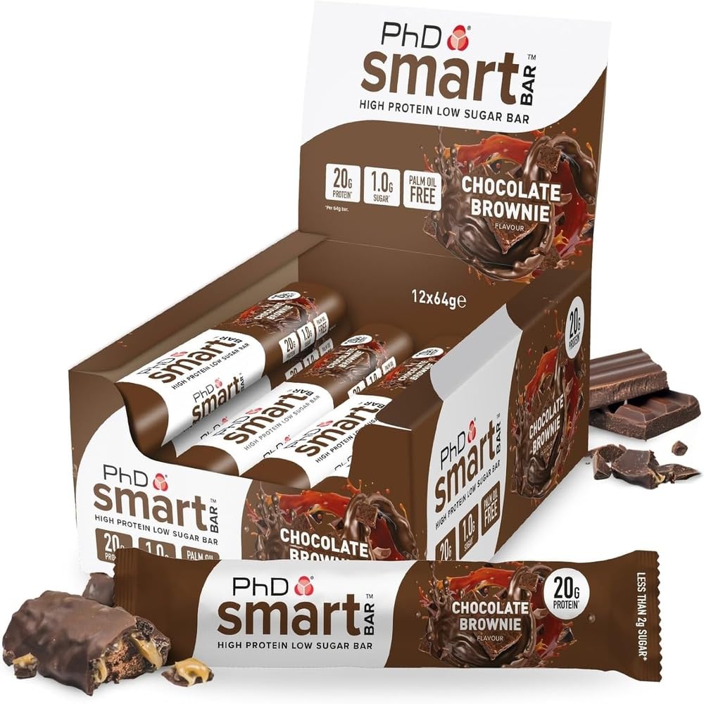 PhD Nutrition Smart Bar barritas de proteína 12x64g Brownie de chocolate - Snack proteico con 20g de proteína y bajo en azúcar para una buena macronutrición