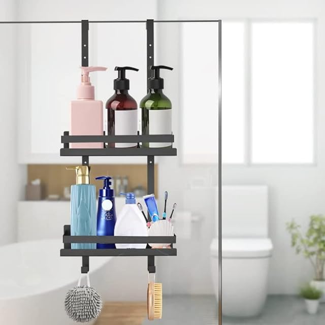 Pakuyi Shower Caddy Hanging 2 Tier Over Door Shower Holders for Soap and Shampoo Stainless Steel Bathroom Pole Shower Storage Rack Holder with Suction