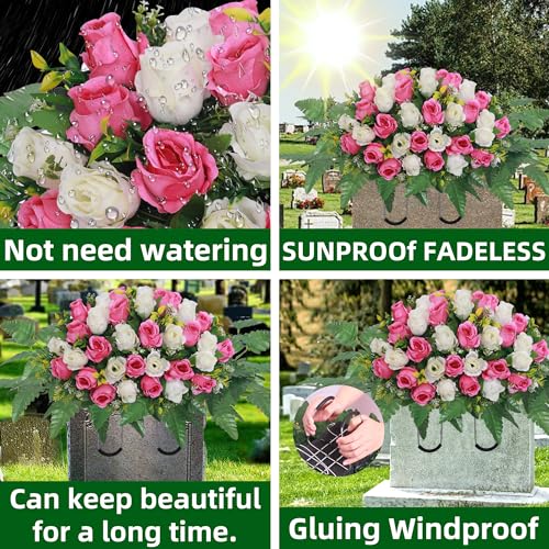 Lodou Artificial Cemetery Flower Saddles, Rose Headstone Flower Saddle Outdoor Grave Decorations,Cemetery Memorial Flowers with Vase for Grave Tombstone Decorations (Pink and White image 6